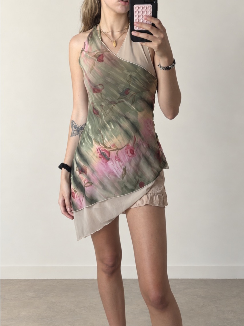 Asymmetrical Floral Chiffon Overlay Dress in Green and Pink